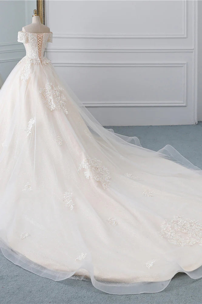 Luolandi Princess Off The Shoulder Tulle Wedding Dress With Lace Appliques Floor Length Elegant