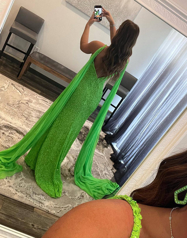 Luolandi Mermaid V Neck Sequin Prom Dress with Slit Sparkly Solid Color Sexy Evening Dress