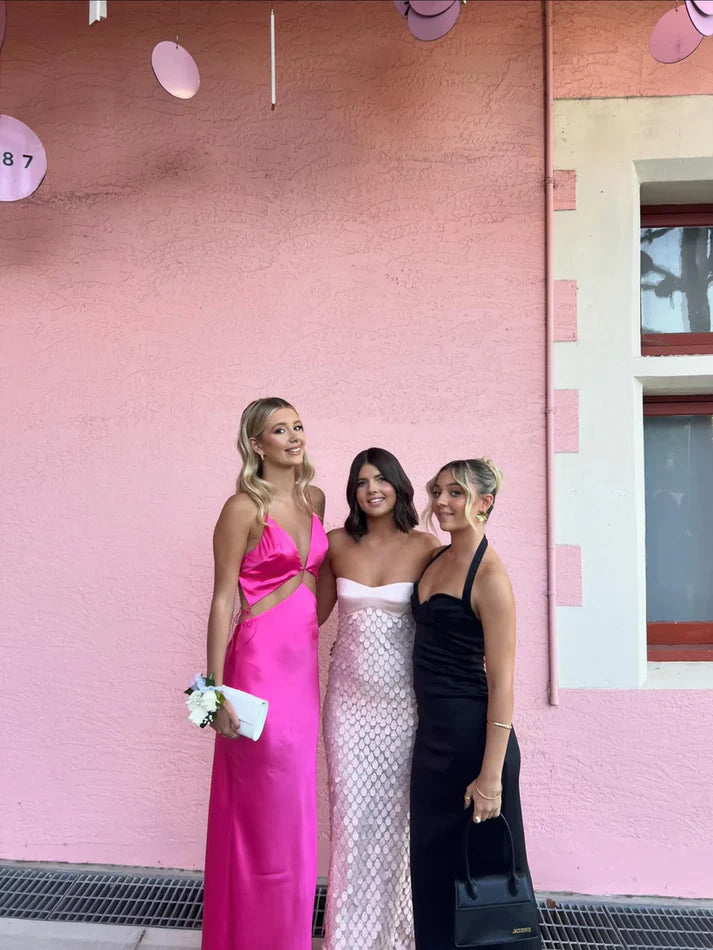 Luolandi Hot Pink V Neck Backless Simple Satin Long Party Dress Sexy Evening Dress Formal Dress