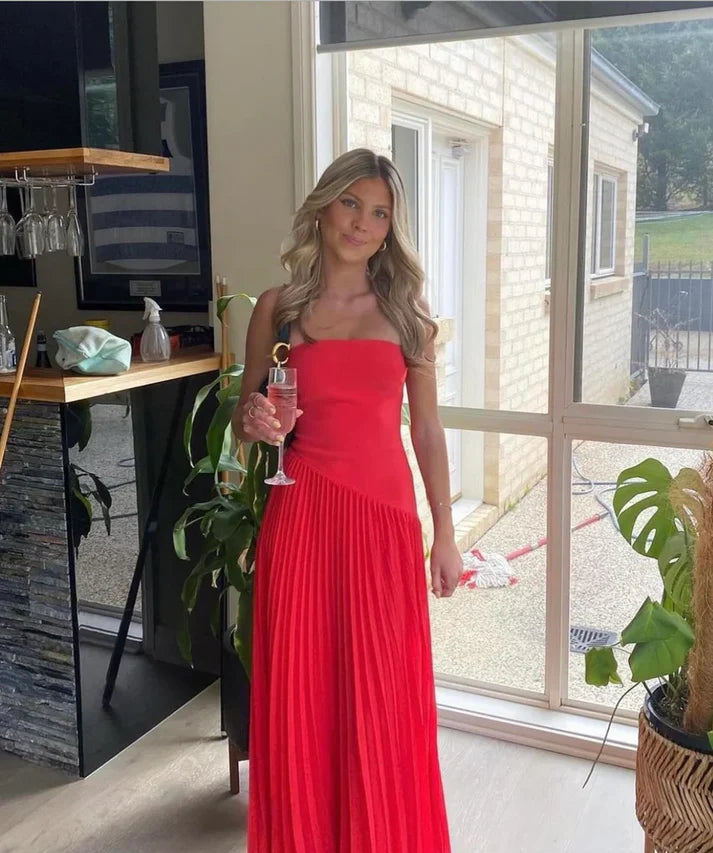 Luolandi Red Strapless A-Line Pleated Simple Long Party Dress Off Shoulder Evening Dress