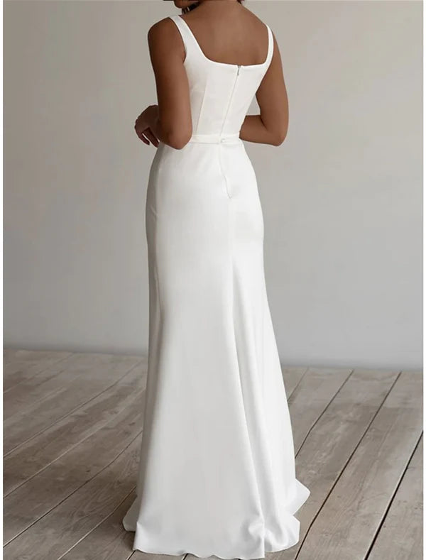 Luolandi Beach Casual Wedding Dresses Sheath / Column Square Neck Sleeveless Floor Length Fabric Bridal Gowns With Sash