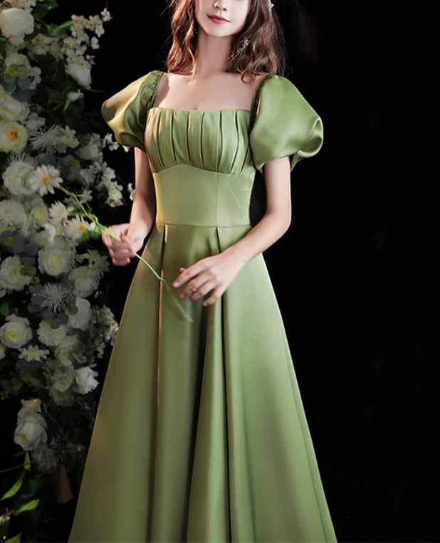 Luolandi Green Satin Long Prom Dress with Short Sleeves Party Dress Prom Dress Elegant Evening Dress
