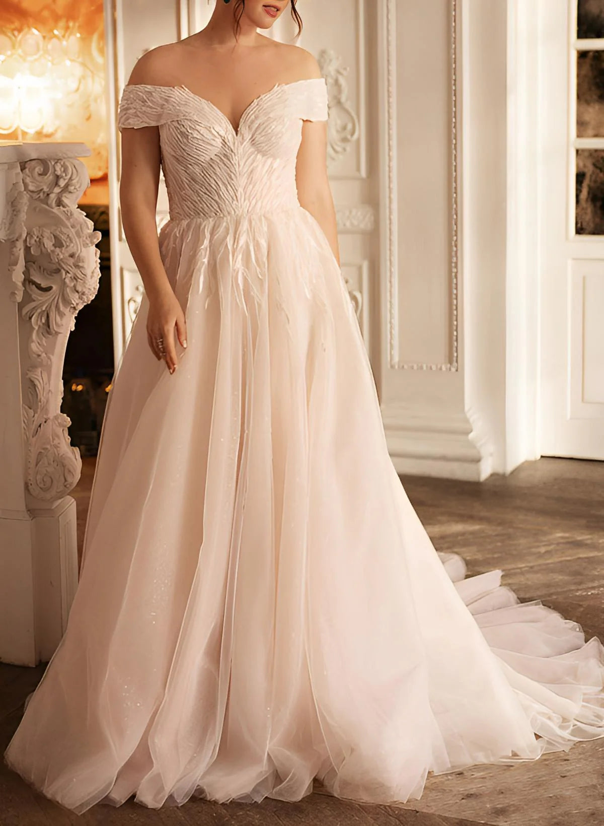 Luolandi Off-The-Shoulder Lace/Tulle Wedding Dresses For Plus Size Floor Length Elegant