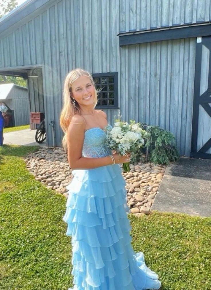 Luolandi Light Blue Sweetheart A-Line Tiered Choffon Long Party Dress Off Shoulder Prom Dress Evening Dress