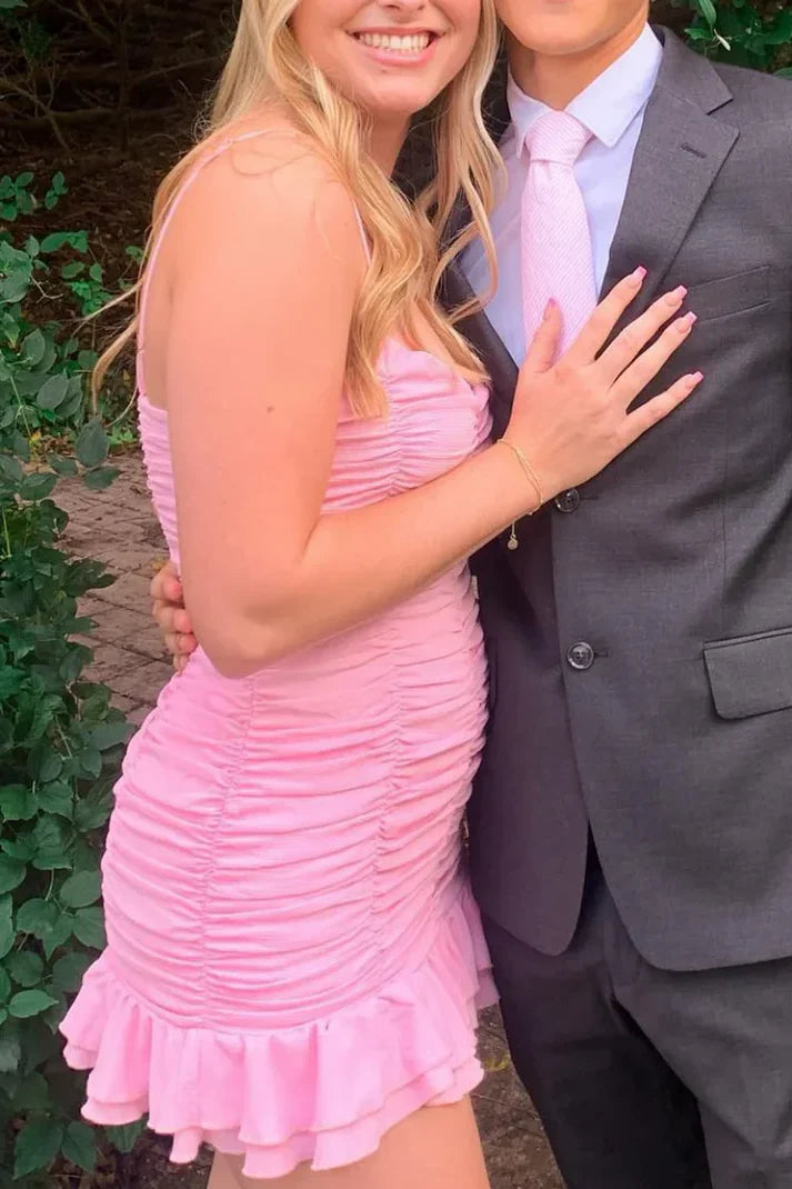 Luolandi Sweet Spaghetti Straps Ruffles Ruched Short Prom Dress Charming Homecoming Dress Lovely Graduation Dress Cute Birthday Party Dress