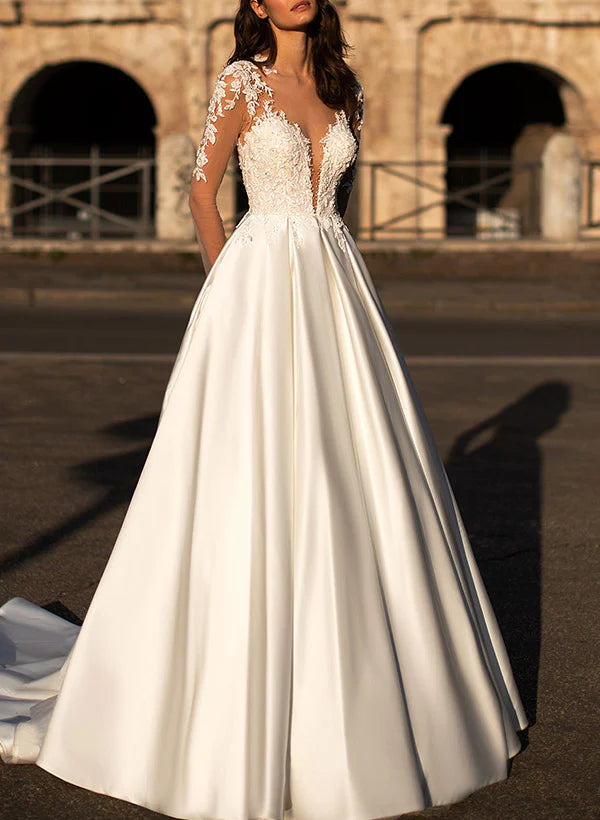 Luolandi V-Neck Long Sleeves Satin Wedding Dresses With Appliques Lace Floor Length Elegant