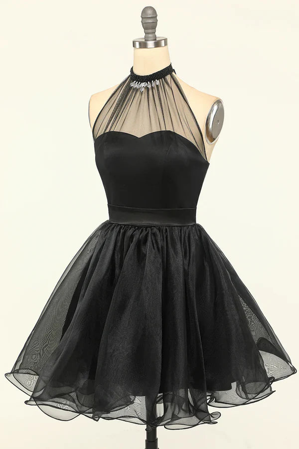 Luolandi Halter Black Tulle Short Prom Dress Homecoming Dress Party Dress