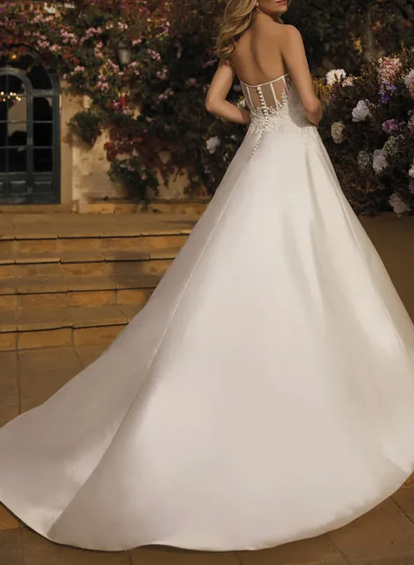 Luolandi A-Line V-Neck Sleeveless Court Train Satin Wedding Dresses With Lace Off Shoulder Elegant