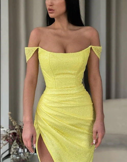 Luolandi Off The Shoulder Daffodil Mermaid Prom Dress Sequins Long Split Sparkly Evening Dress