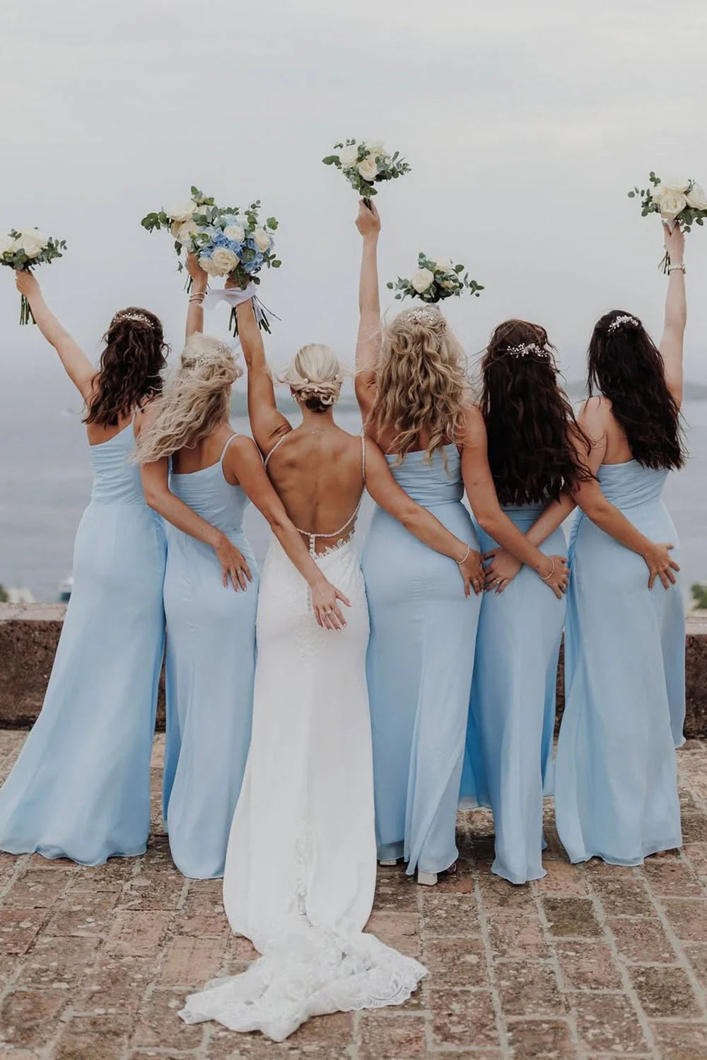 Luolandi Sheath One Shoulder Light Blue Chiffon Slit Bridesmaid Dress Elegant Evening Party Dress