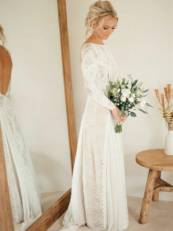 Luolandi Alluring Lace Bateau Long Sleeves Chapel Train Sheath Wedding Dresses Elegant