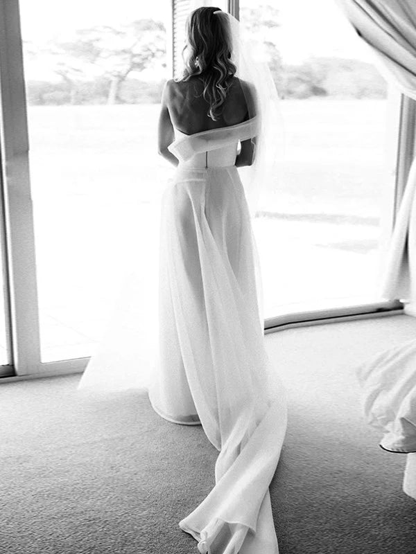 Luolandi A-Line/Princess Organza Ruched One-Shoulder Sleeveless Court Train Wedding Dresses Solid Color