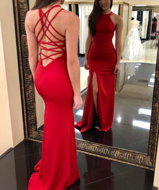 Luolandi Brilliant Satin Jewel Neckline Sheath Evening Dresses Sexy Party Dress With Slit