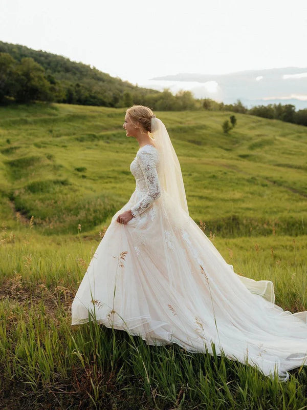 Luolandi Fabulous Ball Gown Lace V-Neck Longsleeves Wedding Dresses Appliqued Tulle Chapel Train Elegant