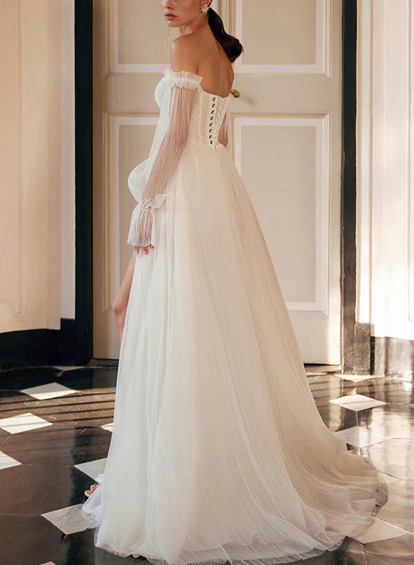 Luolandi Off-The-Shoulder A-Line Wedding Dress With Long Sleeves And Split Front Floor Length Sexy