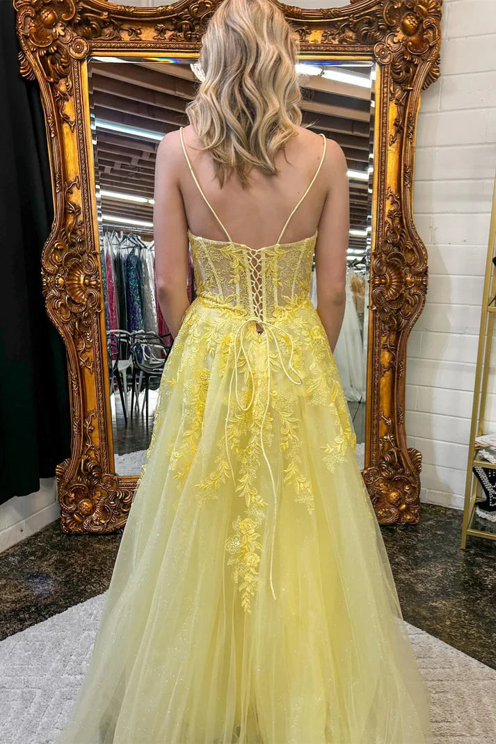 Luolandi Yellow Floral Spaghetti Straps A-line Long Prom Dress Charming Evening Dress with Appliques