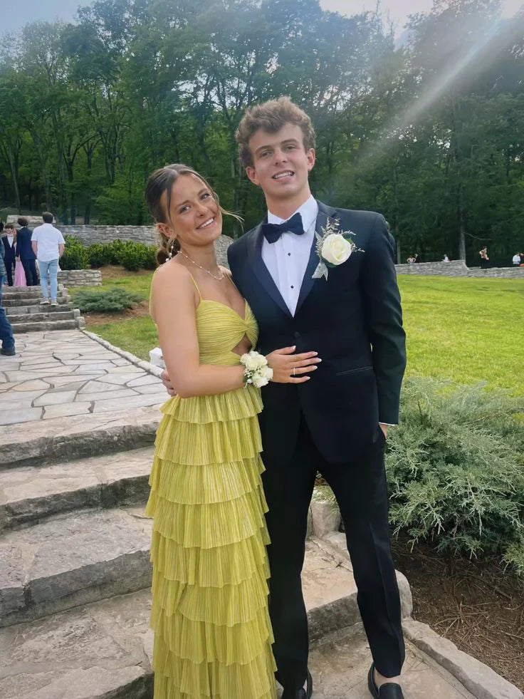 Luolandi Yellow Spaghetti Straps A-Line Tiered Long Prom Dress Sexy Evening Dress Party Dress