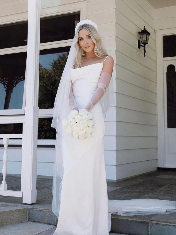 Luolandi Simple Spaghetti Straps Long Satin Wedding Dresses Solid Color Elegant Bridal Gown No With Wedding Veil