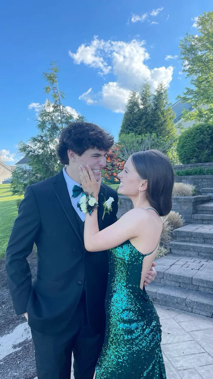 Luolandi Emerald Green Backless Sequined Long Prom Dress with Slit Sparkly Evening Dress