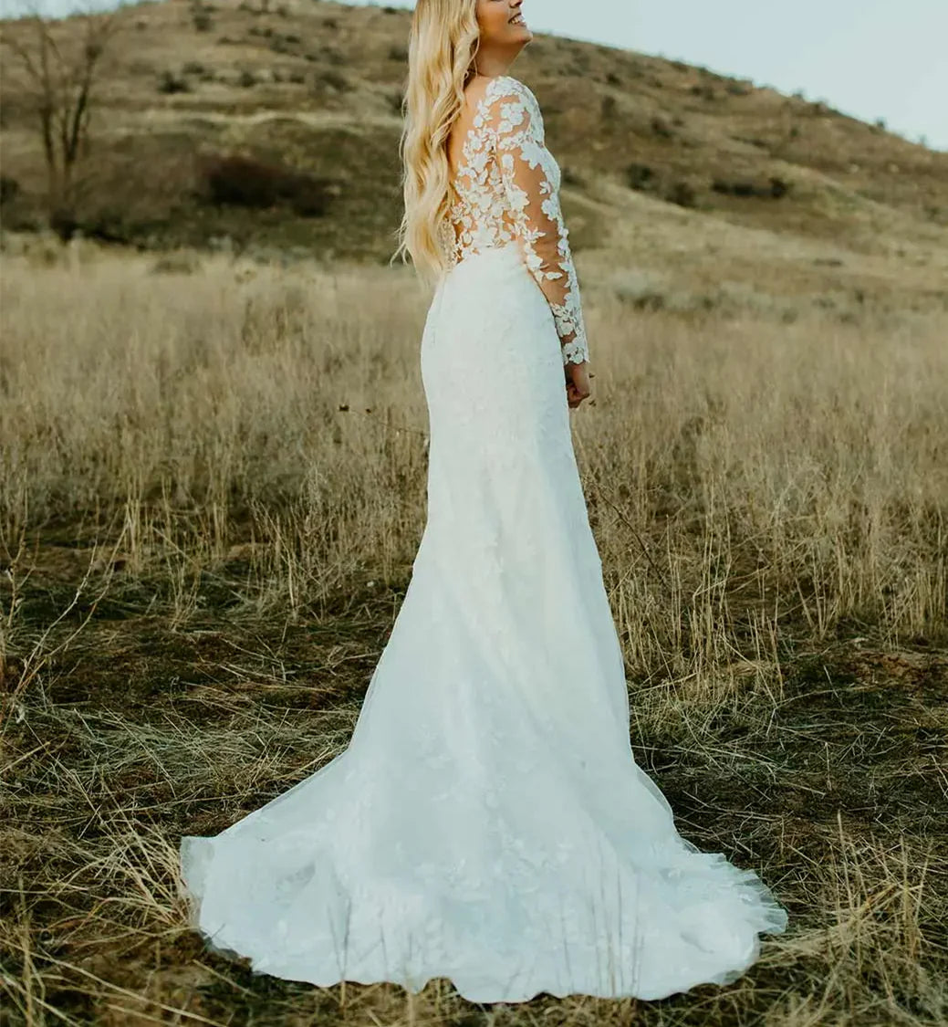 Luolandi Trumpet/Mermaid V-Neck Long Sleeves Tulle Lace Sweep Train Wedding Dress With Appliques Lace Elegant