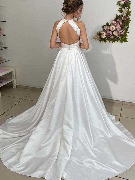 Luolandi Halter Neckline Backless A-line Wedding Dresses with Long Satin Elegant Bridal Gown