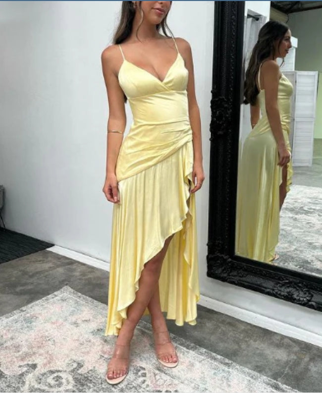 Luolandi Yellow V Neck Spaghetti Straps Prom Dress Wedding Guest Dress Sexy Party Dress