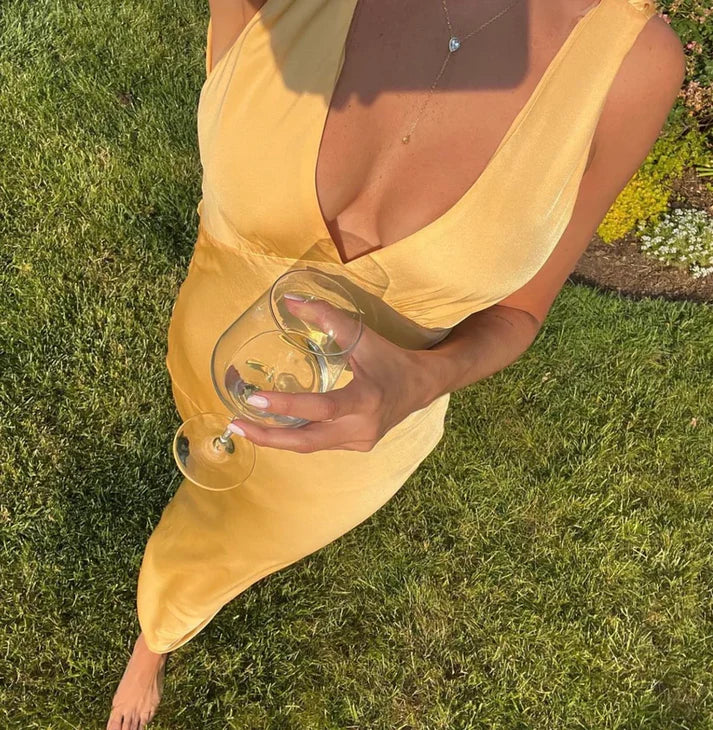 Luolandi Yellow V Neck Backless Elegant Long Party Dress Sexy Evening Dress Formal Dress