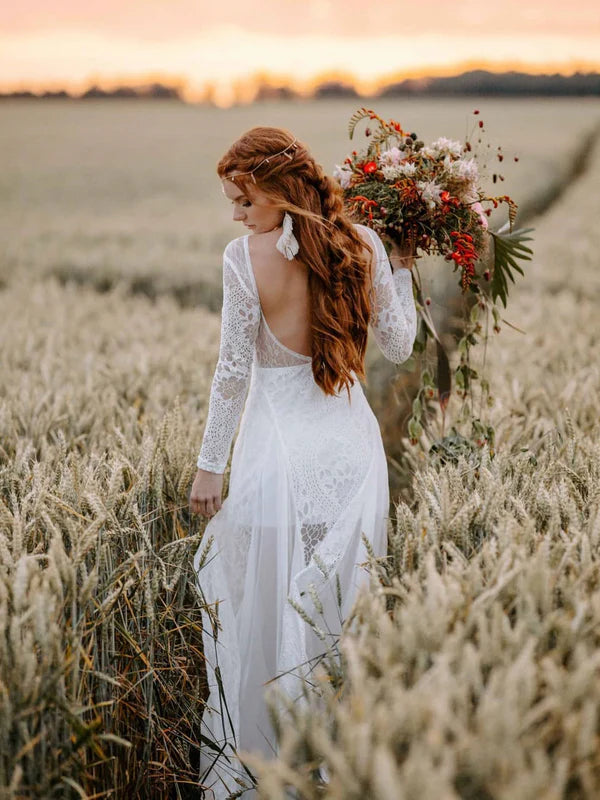Luolandi Fabulous Backless Lace Illusion Longsleeves Wedding Dresses A-Line Bridal Gown Excluding the decorative chain on the back