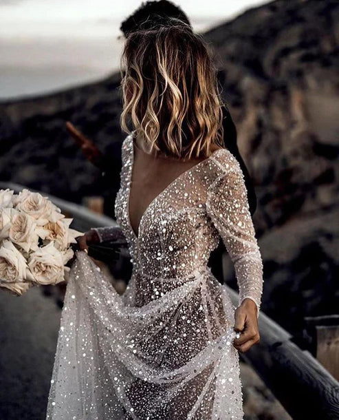 Luolandi Bohemian A-Line Sparkly Sequined Luxury Wedding Dresses V-neck Open Back Sexy
