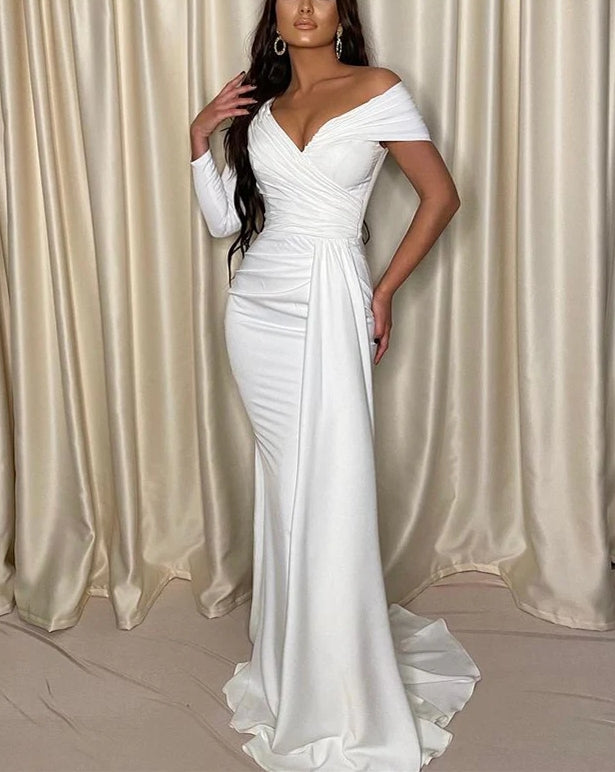 Luolandi Chic Evening Dress One Shoulder Off The Shoulder With Pleats V-neck Sexy Party Dress