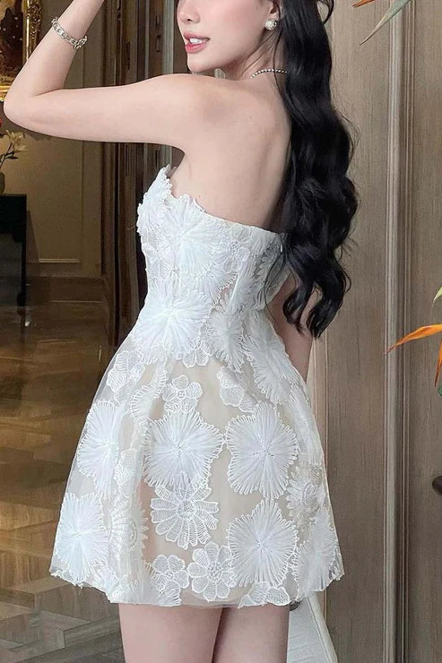 Luolandi Strapless Sleeveless Lace A-Line Mini Homecoming Dress Off Shoulder Flower Party Dress