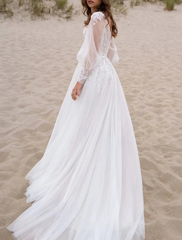 Luolandi Beach Boho Wedding Dresses A-Line V Neck Long Sleeve Court Train Lace Bridal Gowns With Appliques Split