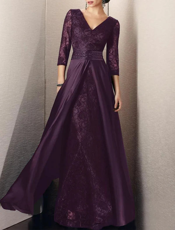 Luolandi A-Line Mother of the Bride Dress Formal Wedding Guest Party Elegant V Neck Floor Length Satin Lace 3/4 Length Sleeve