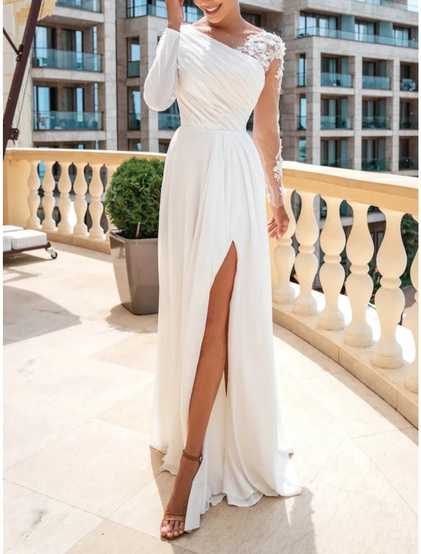 Luolandi Beach Mature Wedding Dresses A-Line Scoop Neck Long Sleeve Sweep / Brush Train Chiffon Bridal Gowns With Pleats Split