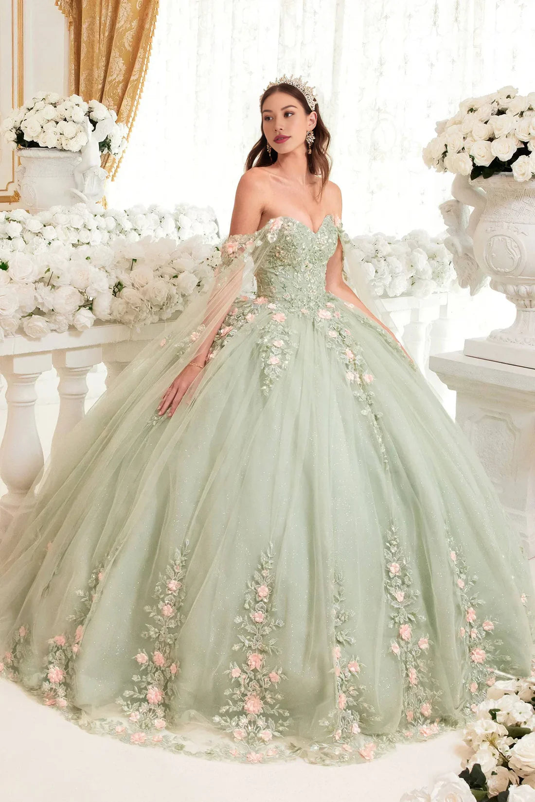 Luolandi Sage Floral Blush Ball Gown Quinceanera Dress Ball Gown Quinceanera Dresses Princess Dress Party Dress with Cape Prom Dress