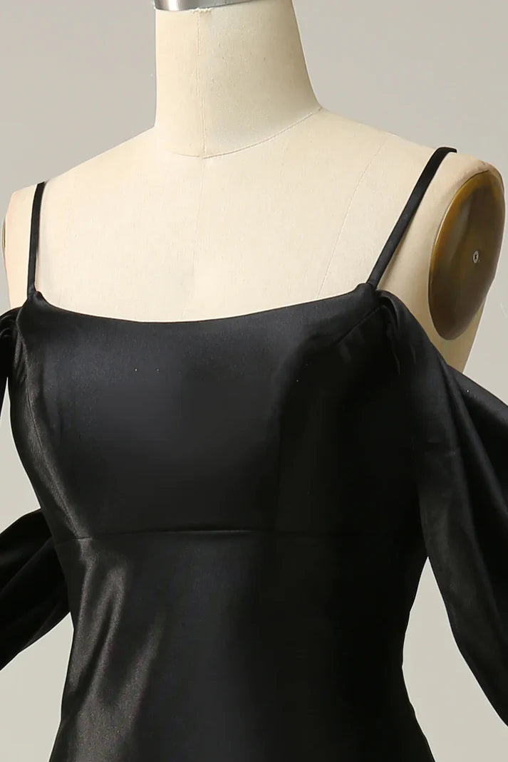 Luolandi Black Off Shoulder Open Back Satin Mermaid Long Prom Dress Elegant Evening Dress