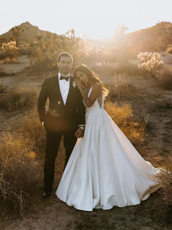 Luolandi Elegant Deep V-neckline Appliqued Satin Chapel Train A-line Wedding Dresses Sexy