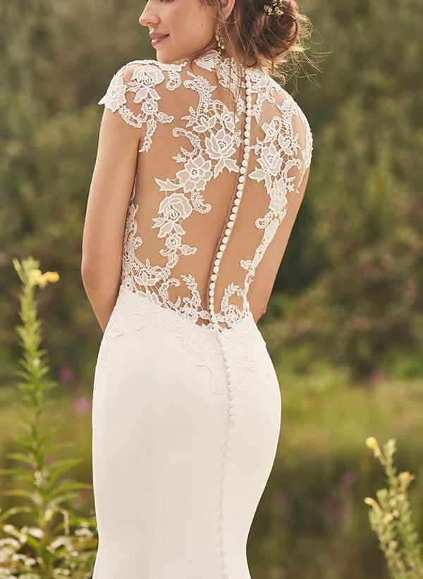 Luolandi High Neck Lace/ Satin Trumpet/Mermaid Wedding Dresses Floor Length Elegant