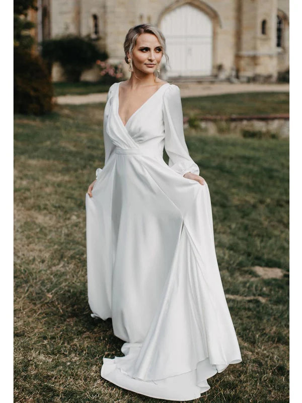 Luolandi Simple Slit V-Neck Backless Satin Chiffon Wedding Dresses A-line Long Sleeves Bridal Gown