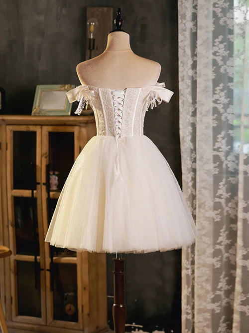 Luolandi Ivory Tulle Sweetheart with Lace Short Prom Dress Homecoming Dress Off Shoulder Party Dress