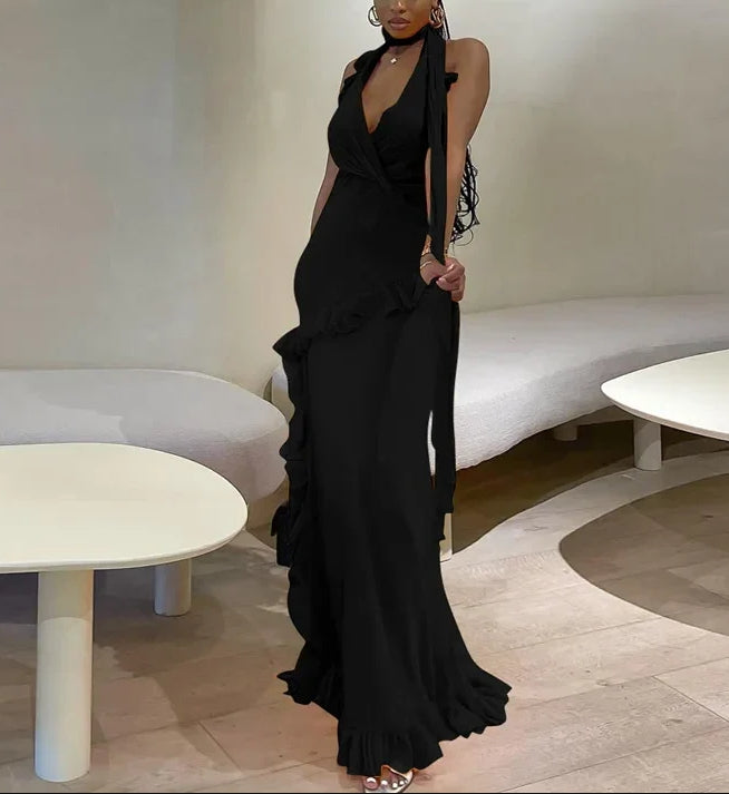 Luolandi Ruffles Halter Sexy V Neck Backless Maxi Party Dresses Vacation Outfits Evening Dress