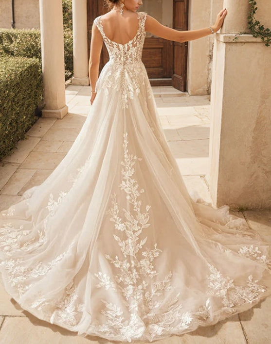Luolandi Bohemian V-Neck Bridal Gown Featuring Illusion Back A Line Floor Length Elegant