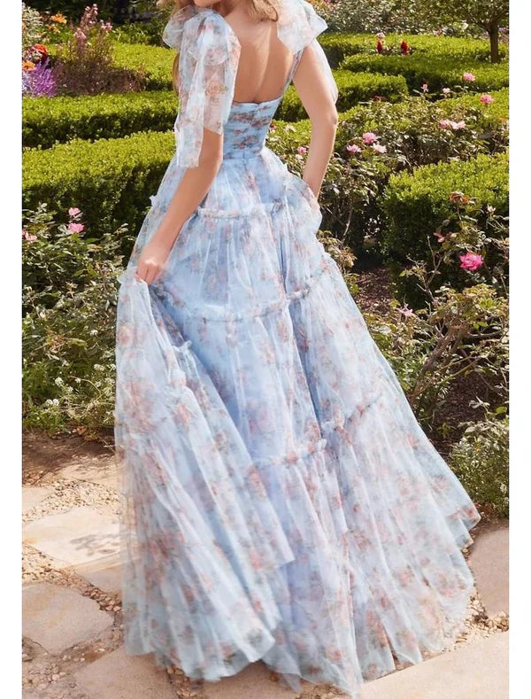 Luolandi A-Line Prom Dresses Blue Princess Dress Prom Court Train Sleeveless Chiffon with Floral Ruffles Print Floor Length