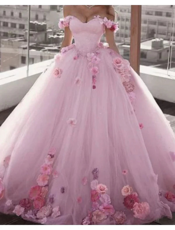 Luolandi Engagement Formal Wedding Dresses Ball Gown Off Shoulder Cap Sleeve Court Train Satin Bridal Gowns With Appliques Summer Fall Wedding Party With Flowers