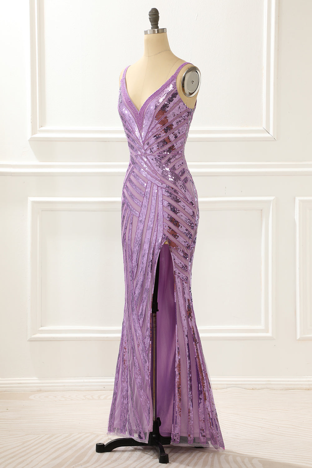 Luolandi Purple V-Neck Sparkly Prom Dress With Slit Sparkly Evening Dress