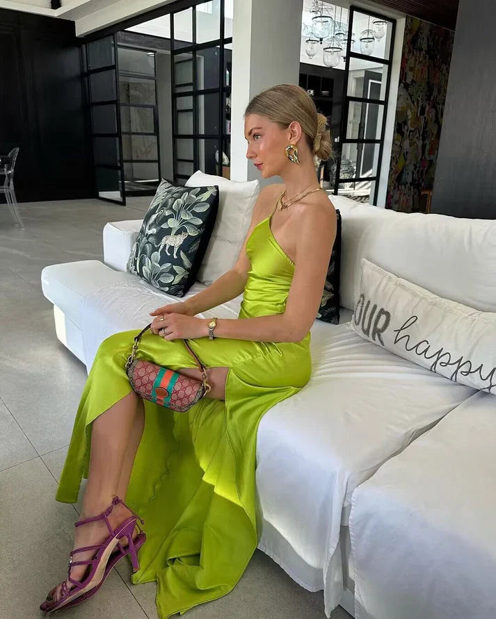Luolandi Green Satin Simple Long Party Dress with Slit Solid Color Elegant Evening Dress wedding guest dress