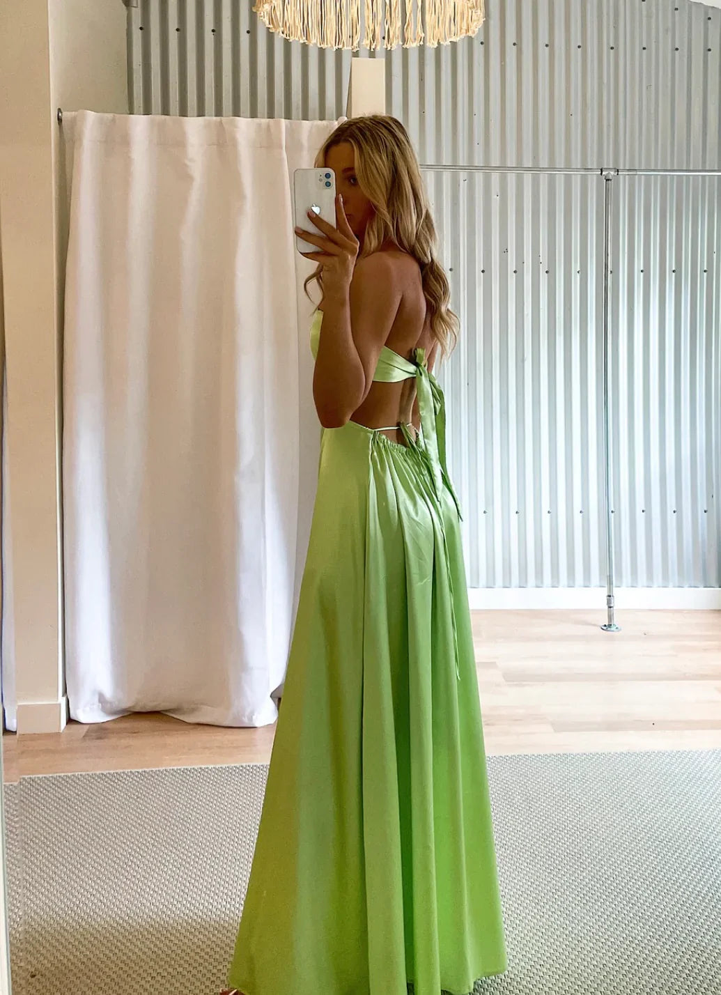 Luolandi Green Strapless A-Line Backless Long Party Dress Wedding Guest Dress Charming