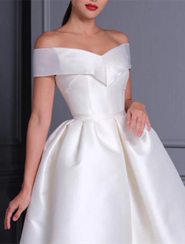Luolandi Bridal Shower Little Dresses Simple Wedding Dresses A-Line Off Shoulder Cap Sleeve Tea Length Satin Bridal Gowns