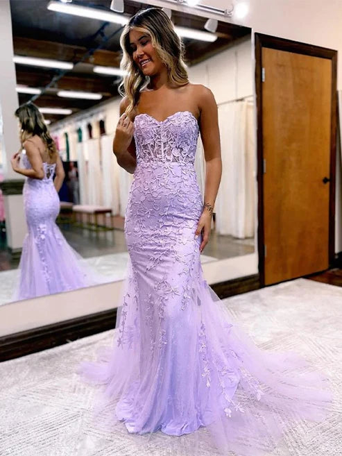 Luolandi Sheath/Column Tulle Applique Sweetheart Sleeveless Court Train Dresses Prom Dress