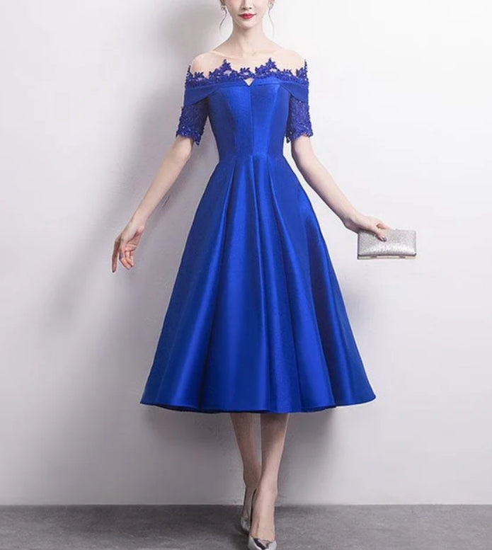 Luolandi Charming Lace and Satin Prom Dress New Tea Length Bridesmaid Dress Short Sleeves Elegant Cocktail Dress Evening Dress